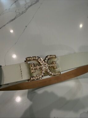 Sam Edelman Ivory Leather Belt with Gold Crystal Double-E Buckle